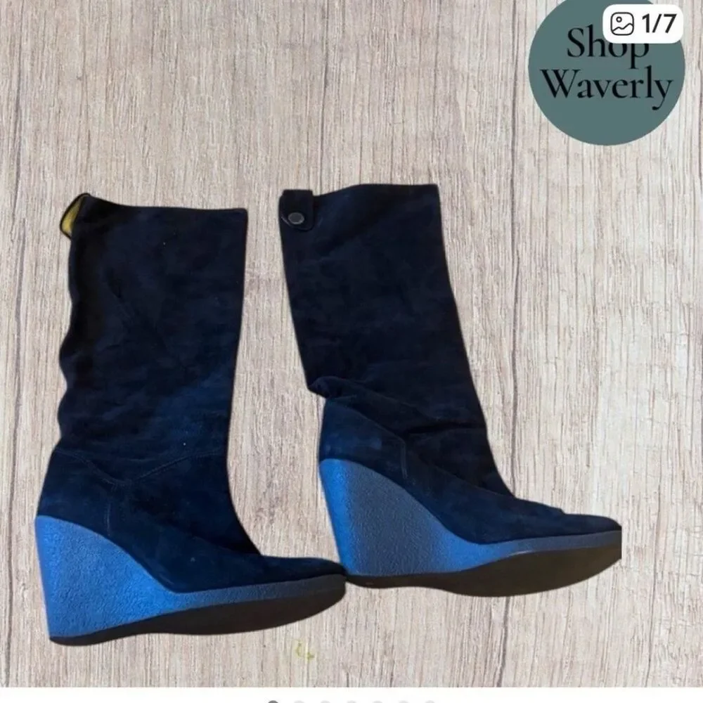 Vintage Karen Millen Black and Gray Suede Wedge Boots
